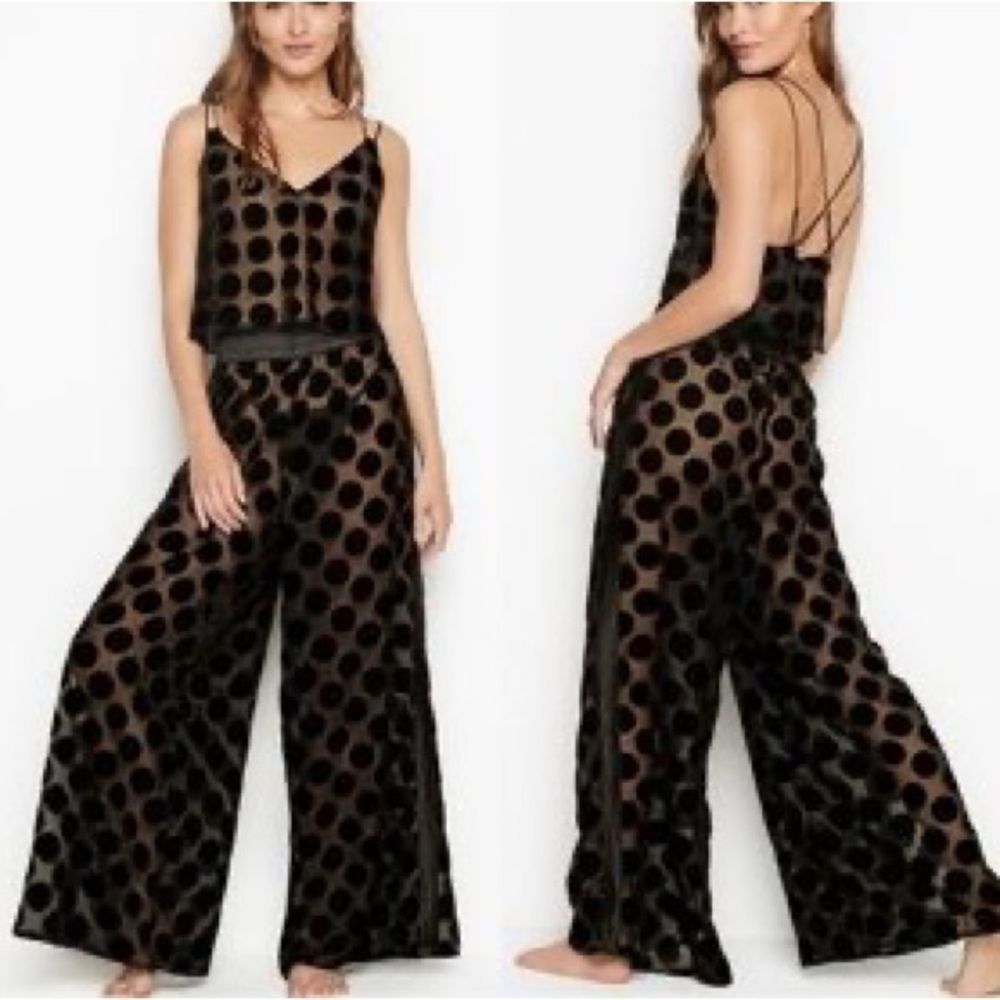 Victoria’s Secret Velvet Polka dots Mesh Wide Leg Pants Black Large - Picture 2 of 4